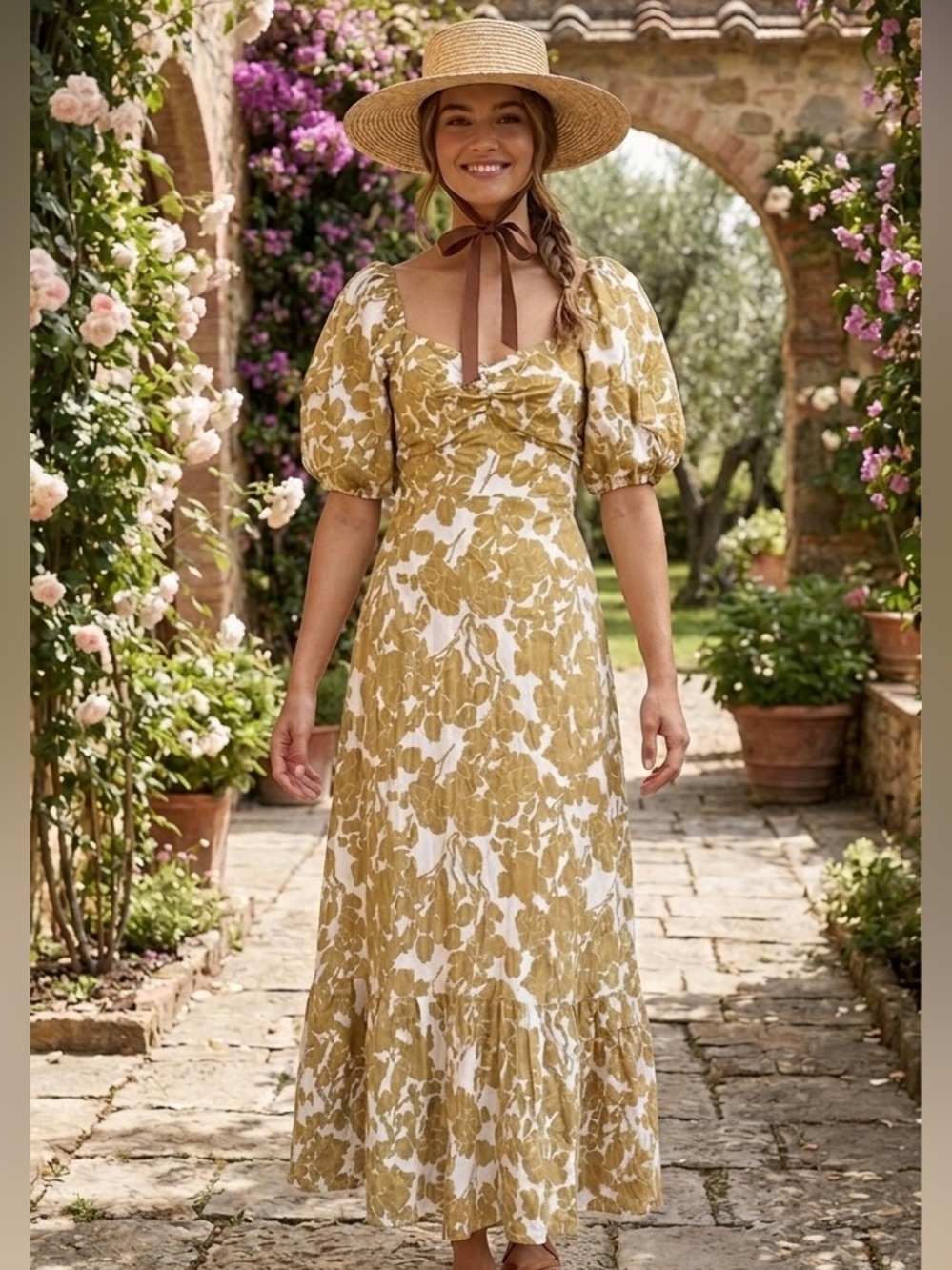 English Factory Floral Puff Sleeve Cutout Maxi Dress S